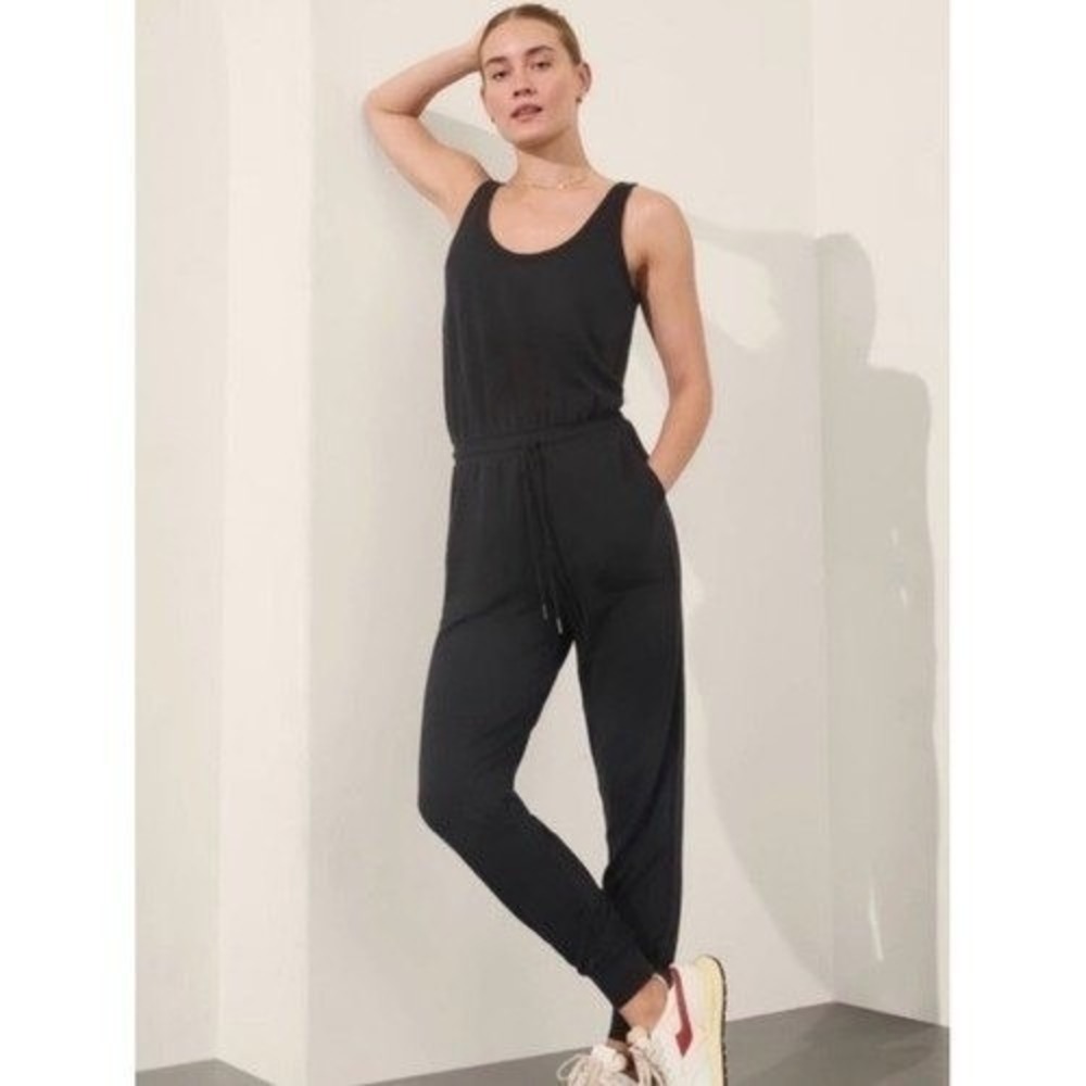 Athleta NEW Womens Black Sleeveless Jumpsuit SMALL Jogger Drawstring Athleisure